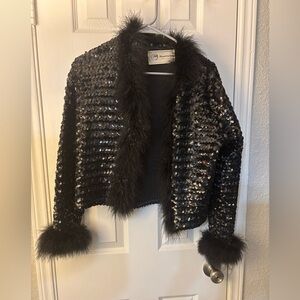 Black Sequin Fur-Trimmed Jacket